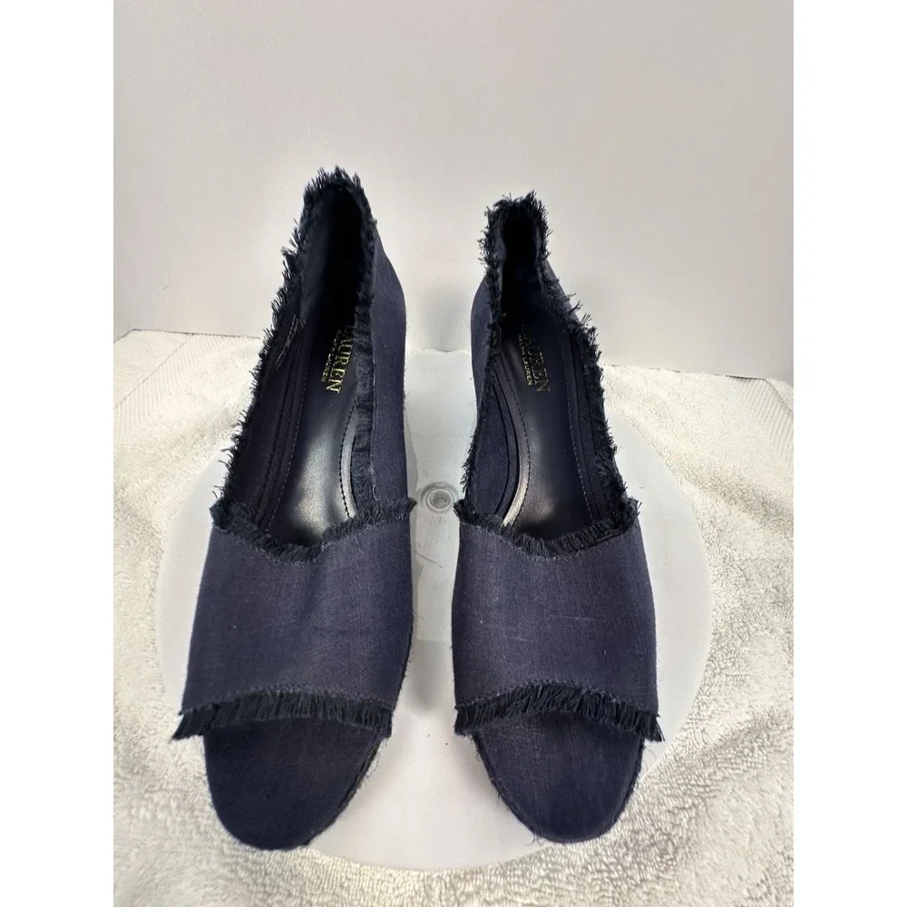 Ralph Lauren Linen Peep Toe Navy Blue Espadrilles Wedge Womens Sz 9‎ French chic